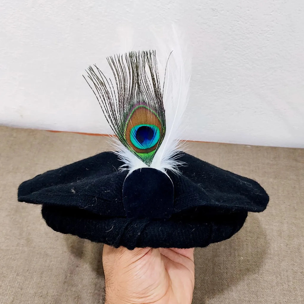Black Chitrali Woolen Pakool with Peacock Feather