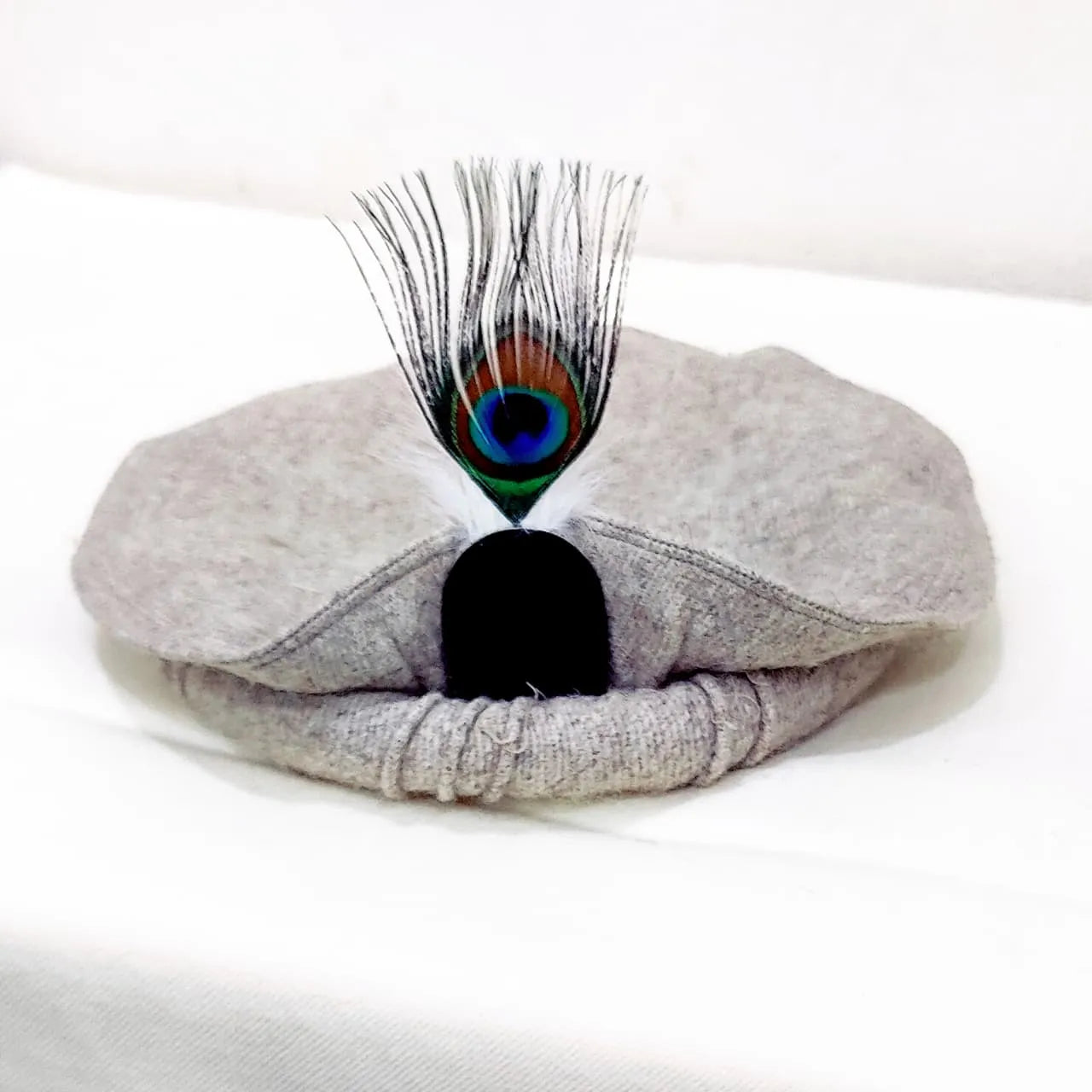 Gray Chitrali Wool Pakol with Peacock Feather
