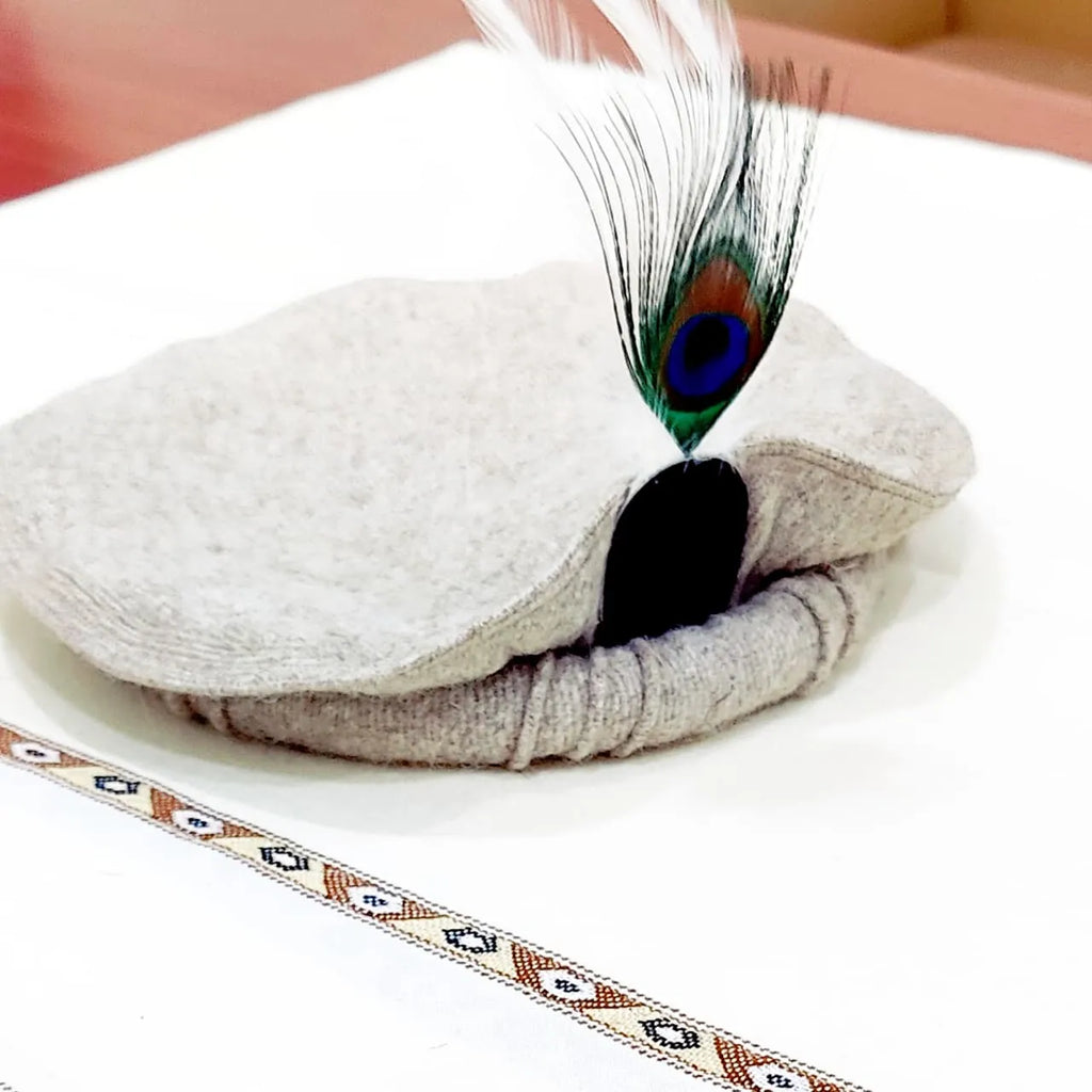 Gray Chitrali Wool Pakol with Peacock Feather