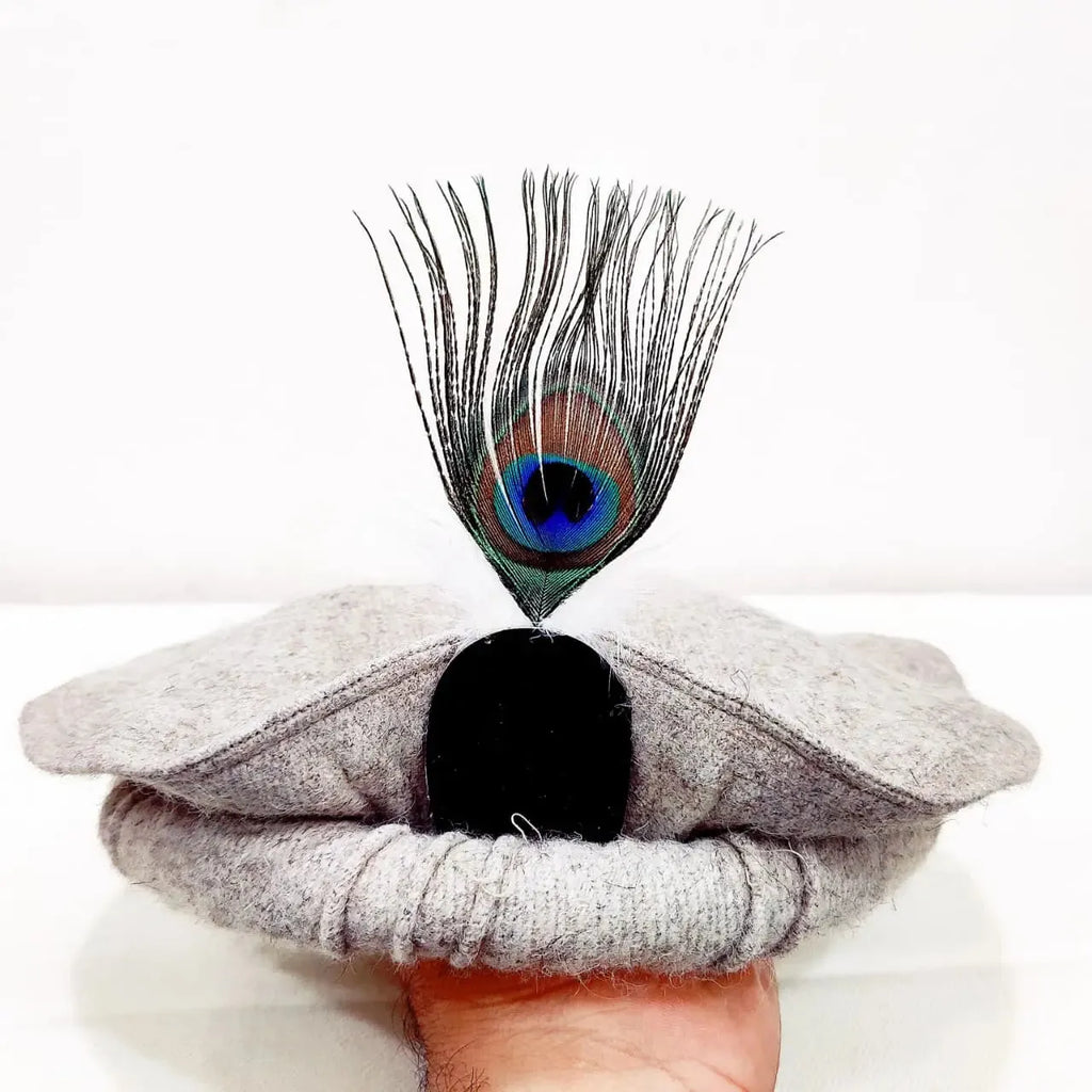 Gray Chitrali Wool Pakol with Peacock Feather