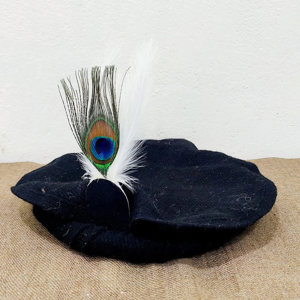 Black Chitrali Woolen Pakool with Peacock Feather