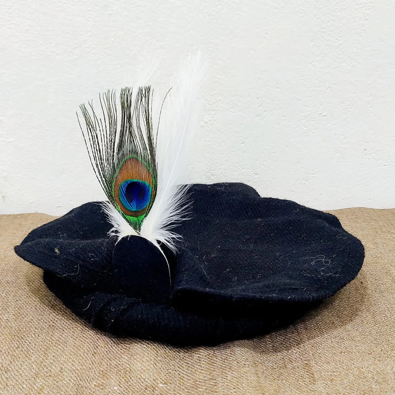 Black Chitrali Woolen Pakool with Peacock Feather